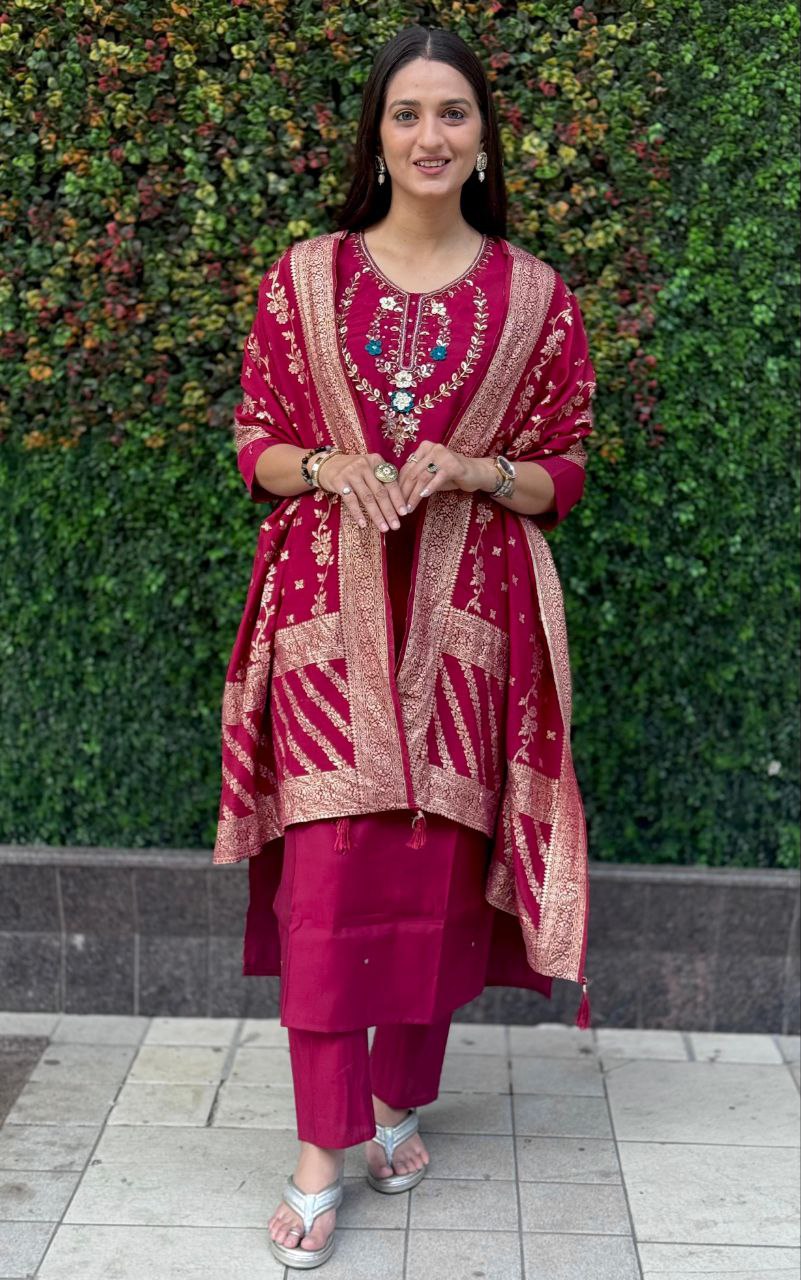Lorenvalley Fashion Maroon Roman Silk Hand Work Kurta Pant with Dupatta | Grocsy