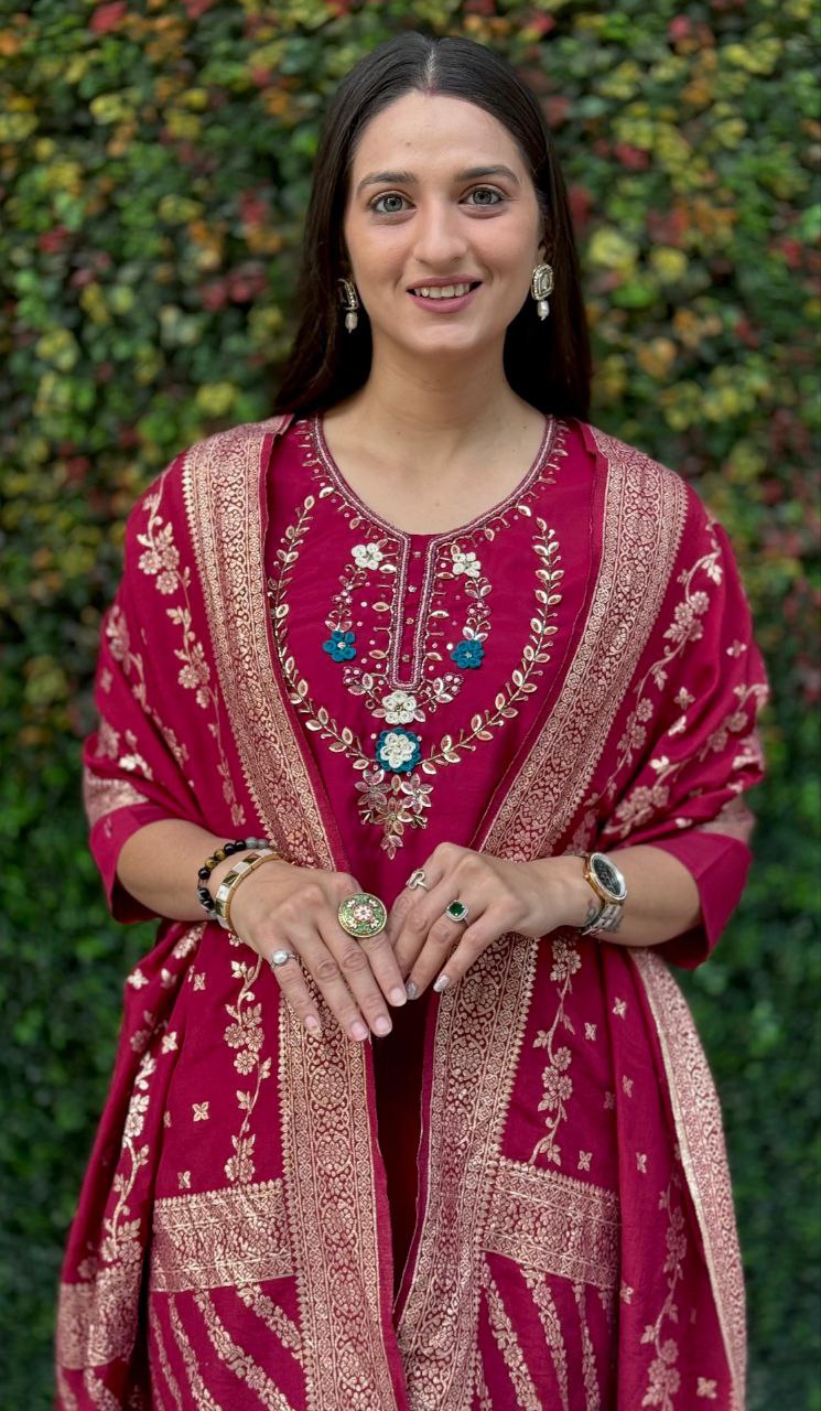 Lorenvalley Fashion Maroon Roman Silk Hand Work Kurta Pant with Dupatta | Grocsy