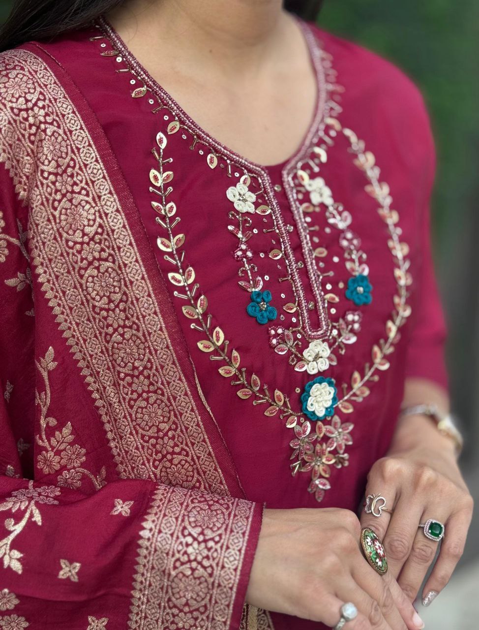 Lorenvalley Fashion Maroon Roman Silk Hand Work Kurta Pant with Dupatta | Grocsy