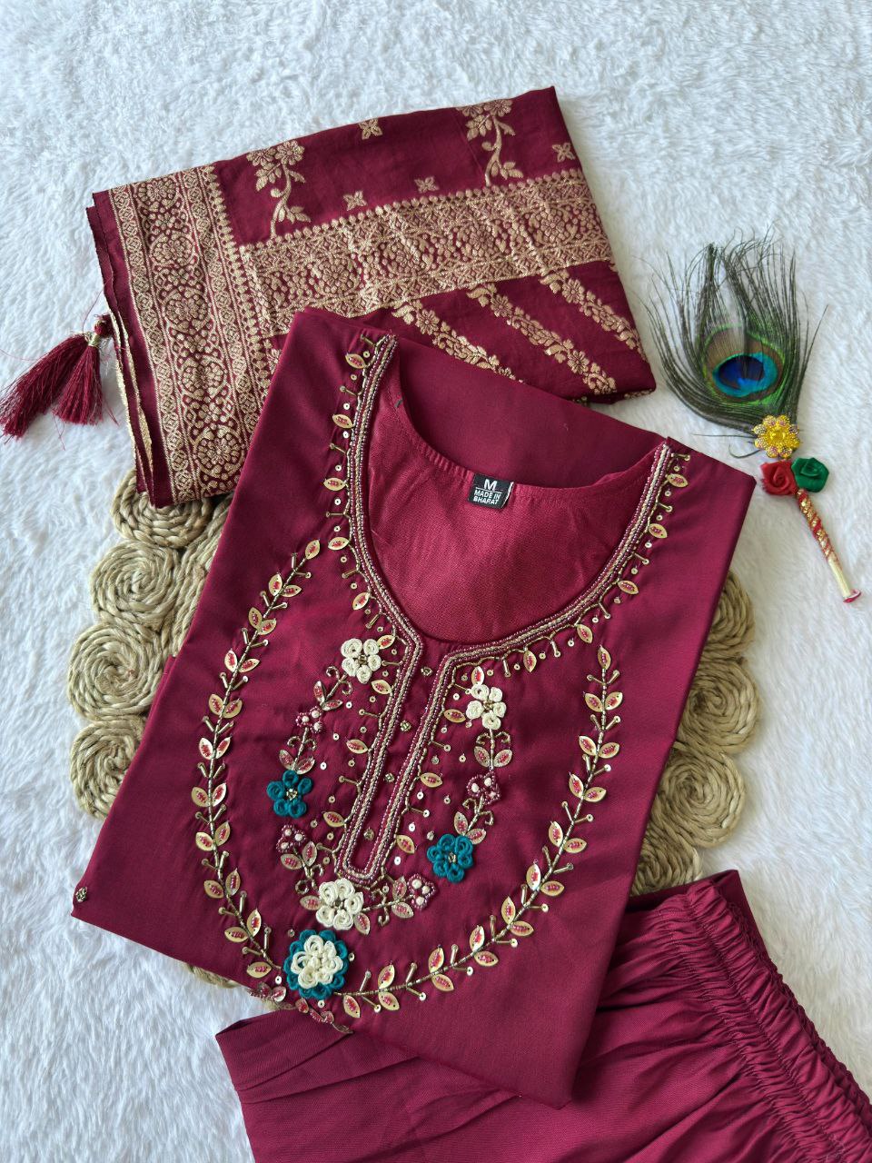 Lorenvalley Fashion Maroon Roman Silk Hand Work Kurta Pant with Dupatta | Grocsy