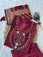Lorenvalley Fashion Maroon Roman Silk Hand Work Kurta Pant with Dupatta | Grocsy