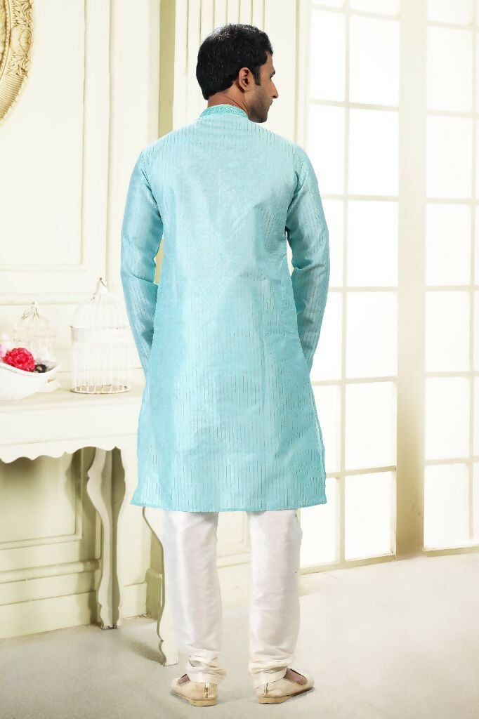 Raivat Ethnic Jacquard Art Silk Thread Work Kurta Pajama In Sky Blue Colour | Grocsy