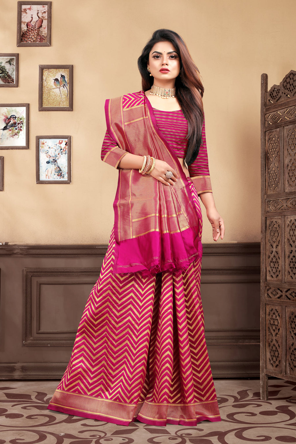 Vedant Vastram Litchi Silk Designer Banarasi Saree - Magenta | Grocsy