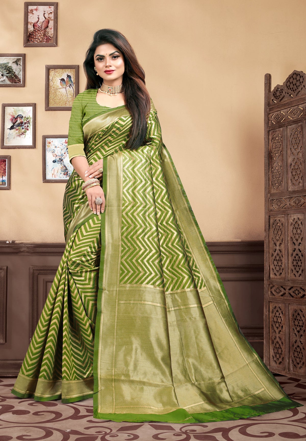 Vedant Vastram Litchi Silk Designer Banarasi Saree - Mehndi | Grocsy