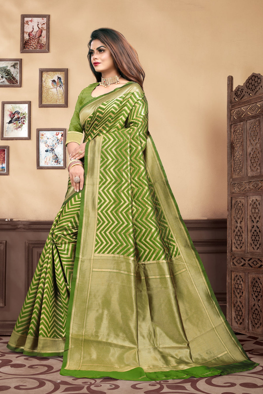 Vedant Vastram Litchi Silk Designer Banarasi Saree - Mehndi | Grocsy