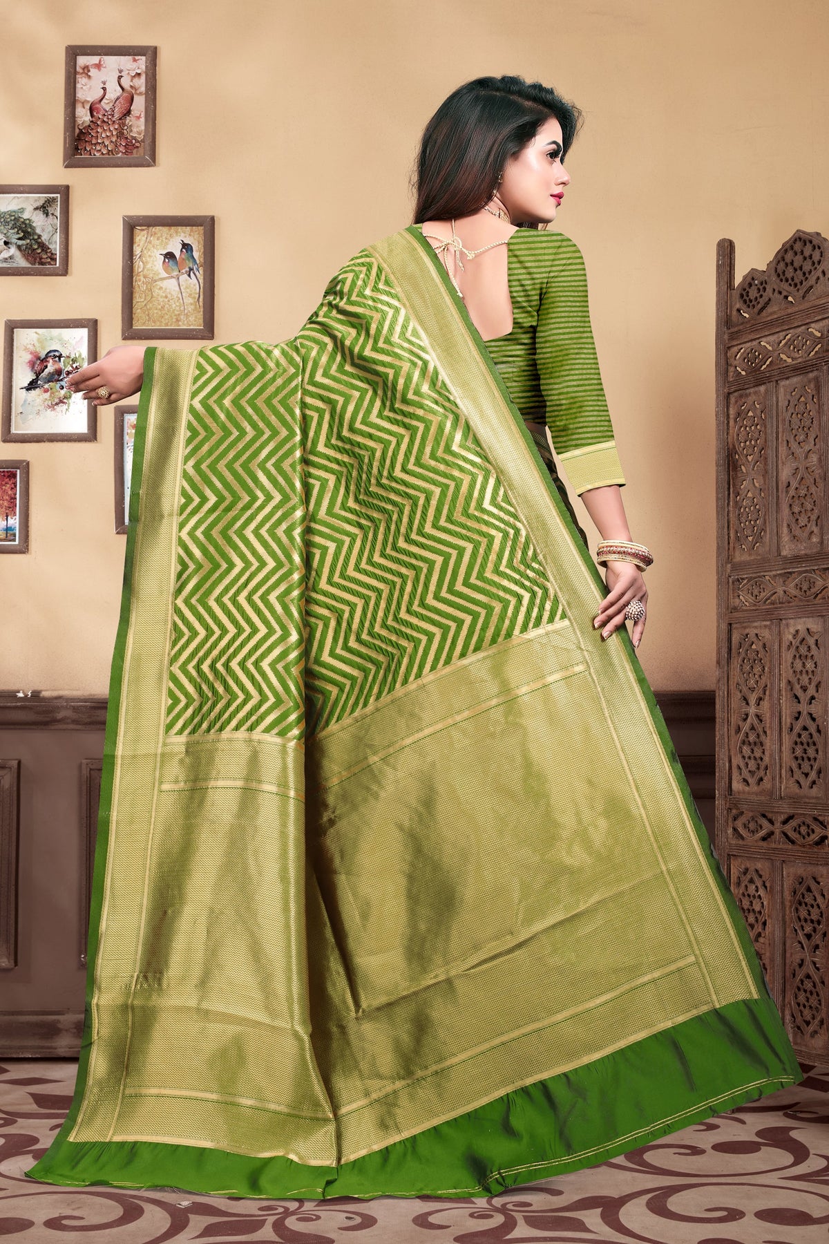 Vedant Vastram Litchi Silk Designer Banarasi Saree - Mehndi | Grocsy