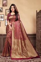 Vedant Vastram Litchi Silk Designer Banarasi Saree - Maroon | Grocsy