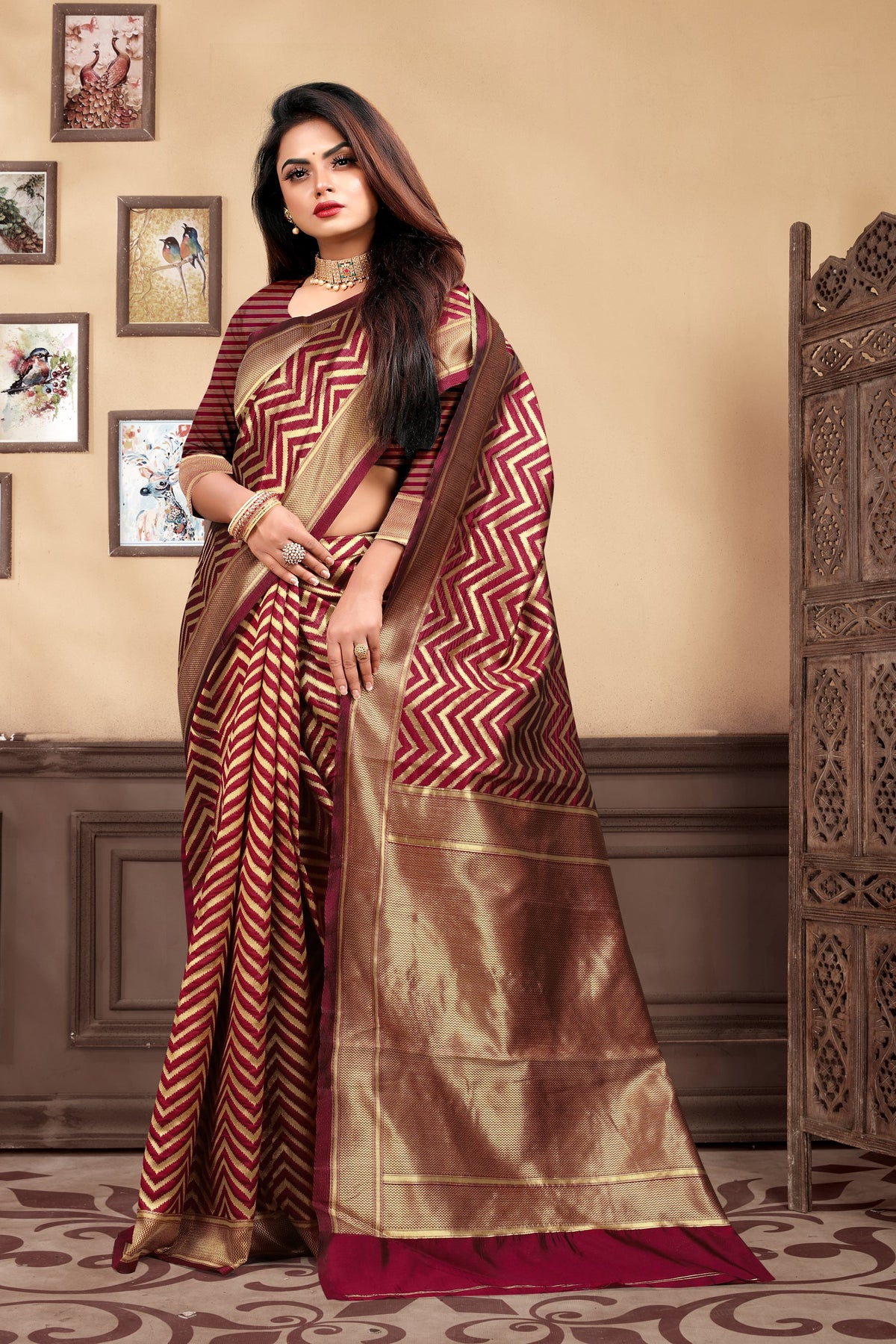 Vedant Vastram Litchi Silk Designer Banarasi Saree - Maroon | Grocsy
