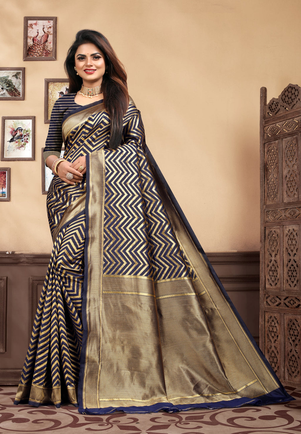 Vedant Vastram Litchi Silk Designer Banarasi Saree - Navy Blue | Grocsy