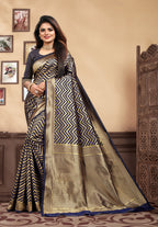 Vedant Vastram Litchi Silk Designer Banarasi Saree - Navy Blue | Grocsy