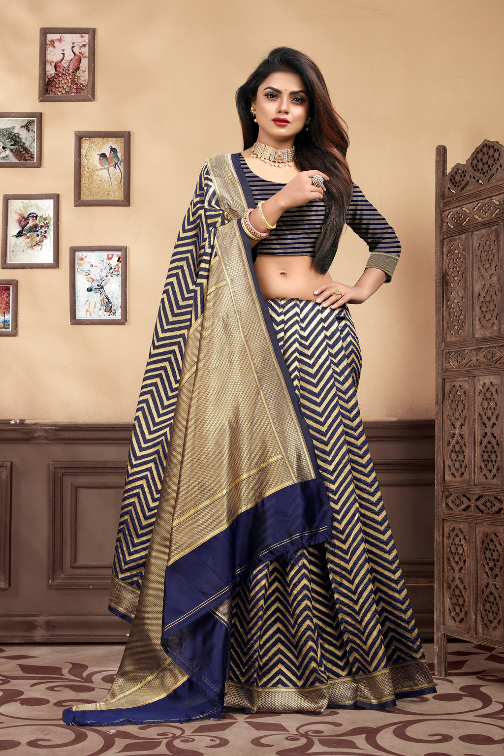 Vedant Vastram Litchi Silk Designer Banarasi Saree - Navy Blue | Grocsy