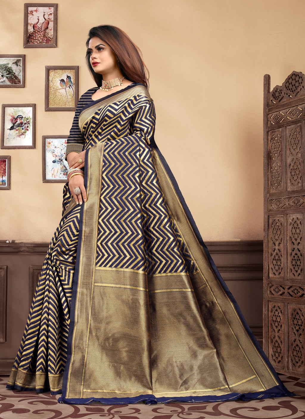 Vedant Vastram Litchi Silk Designer Banarasi Saree - Navy Blue | Grocsy