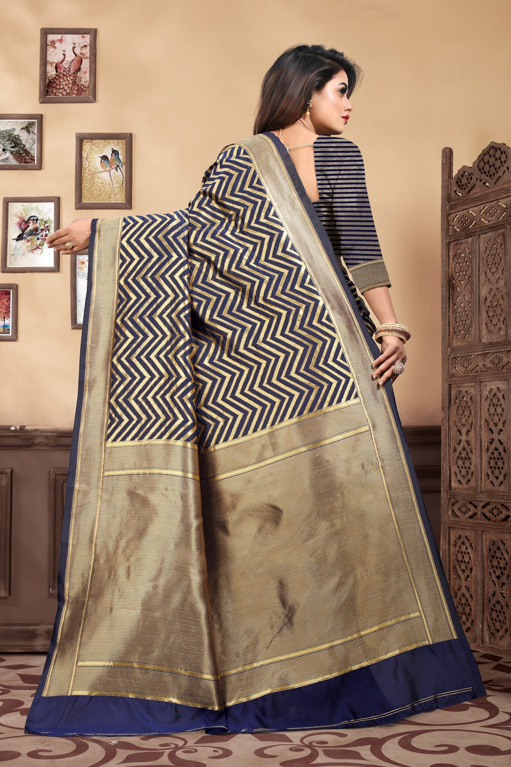 Vedant Vastram Litchi Silk Designer Banarasi Saree - Navy Blue | Grocsy