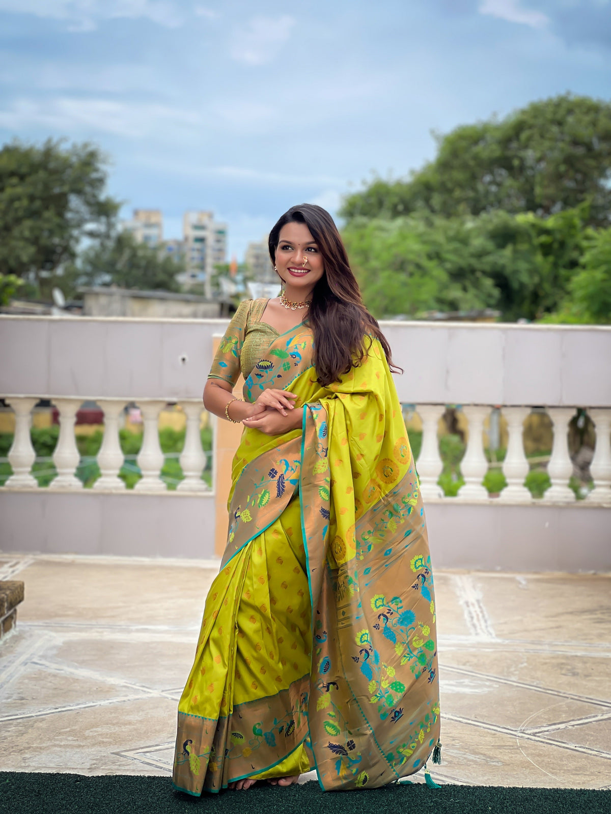 Vedant Vastram Soft Litchi Silk Paithani Jacquard Saree - Olive | Grocsy