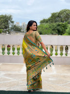 Vedant Vastram Soft Litchi Silk Paithani Jacquard Saree - Olive | Grocsy