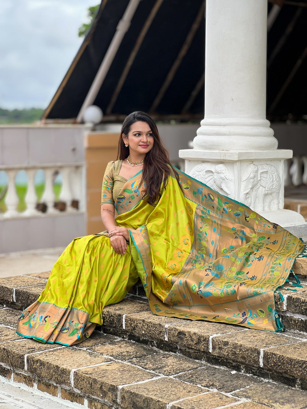 Vedant Vastram Soft Litchi Silk Paithani Jacquard Saree - Olive | Grocsy
