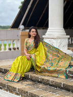 Vedant Vastram Soft Litchi Silk Paithani Jacquard Saree - Olive | Grocsy