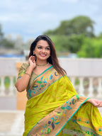 Vedant Vastram Soft Litchi Silk Paithani Jacquard Saree - Olive | Grocsy