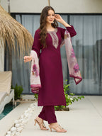 The52 Women's Gorgeous Rayon Embroidery Straight Kurta with Pant And Dupatta Set | Grocsy