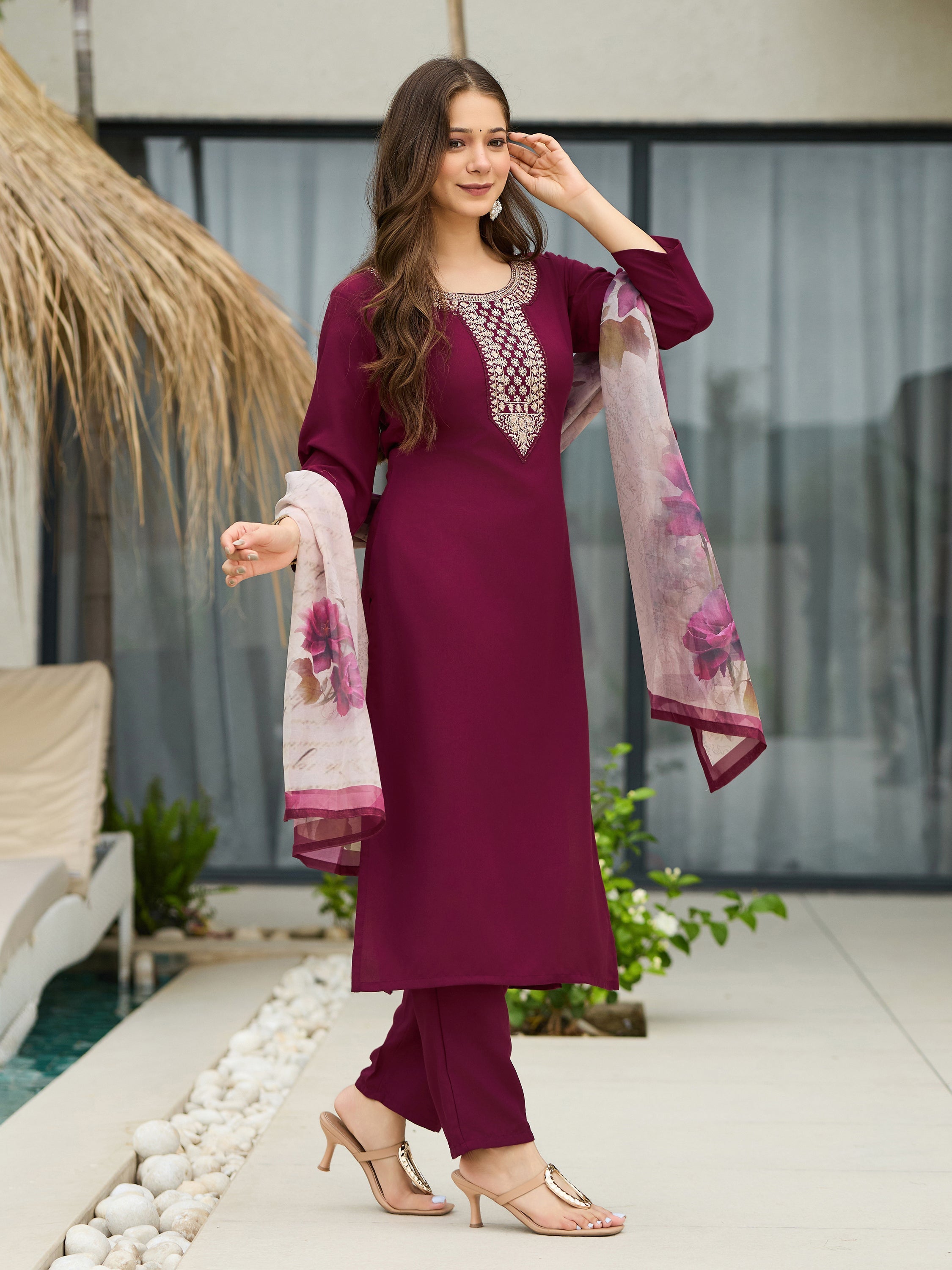The52 Women's Gorgeous Rayon Embroidery Straight Kurta with Pant And Dupatta Set | Grocsy