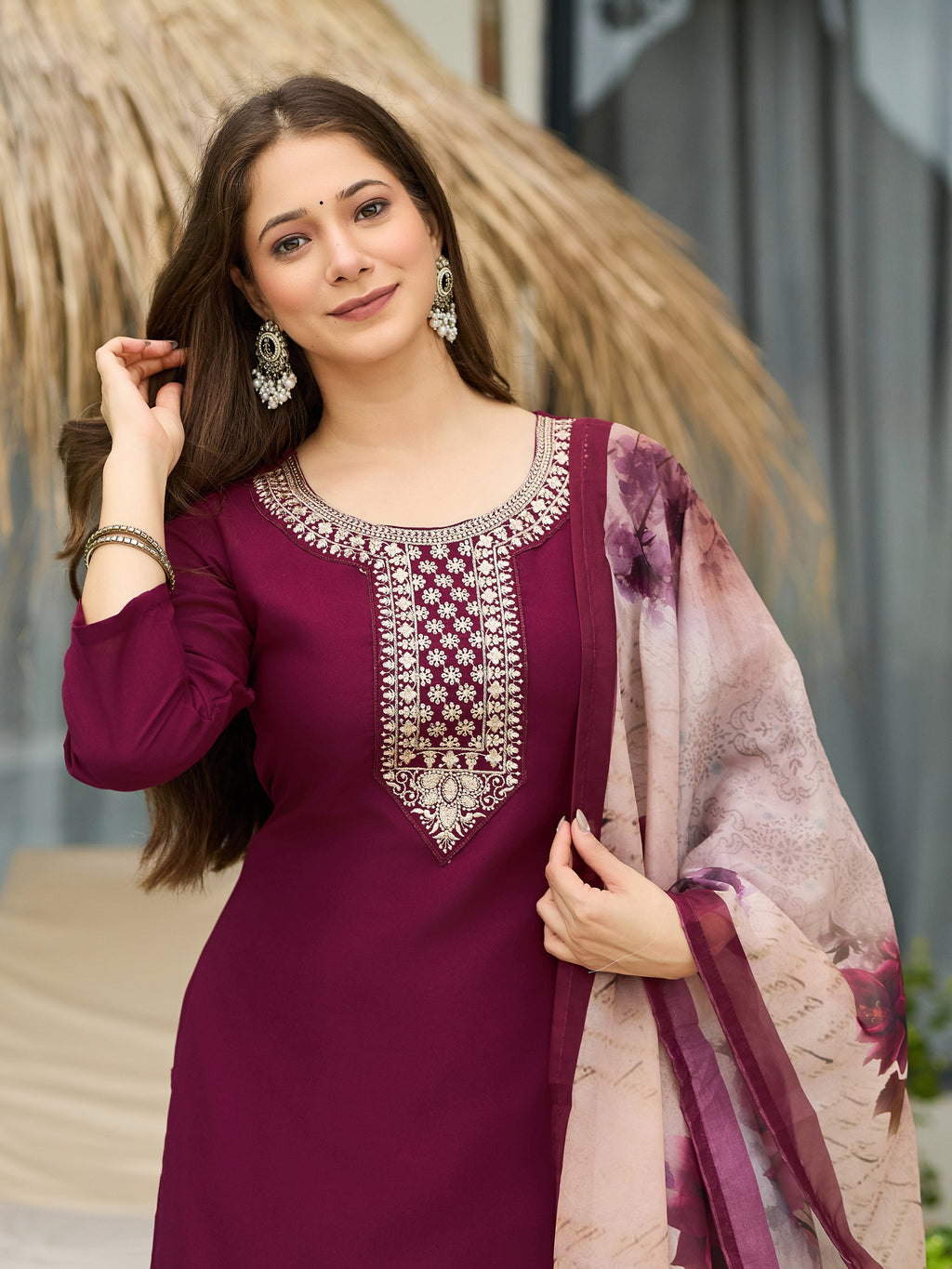 The52 Women's Gorgeous Rayon Embroidery Straight Kurta with Pant And Dupatta Set | Grocsy