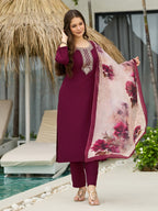 The52 Women's Gorgeous Rayon Embroidery Straight Kurta with Pant And Dupatta Set | Grocsy