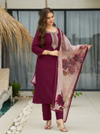 The52 Women's Gorgeous Rayon Embroidery Straight Kurta with Pant And Dupatta Set | Grocsy