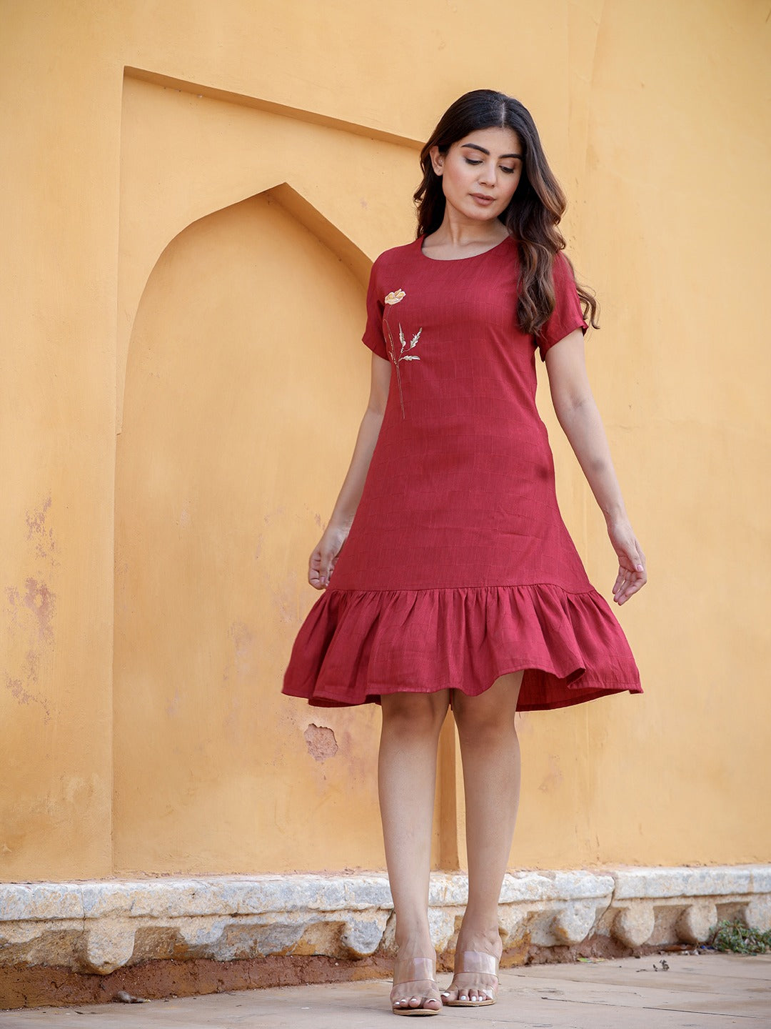 Yufta Maroon Floral Embroidered A-Line Midi Dress | Grocsy