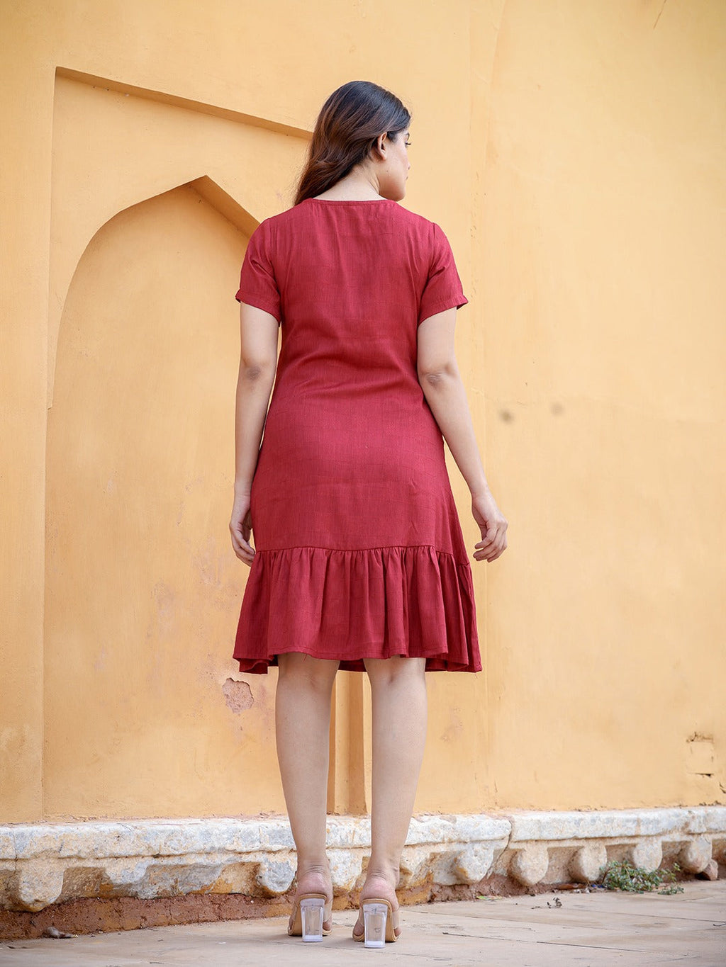 Yufta Maroon Floral Embroidered A-Line Midi Dress | Grocsy