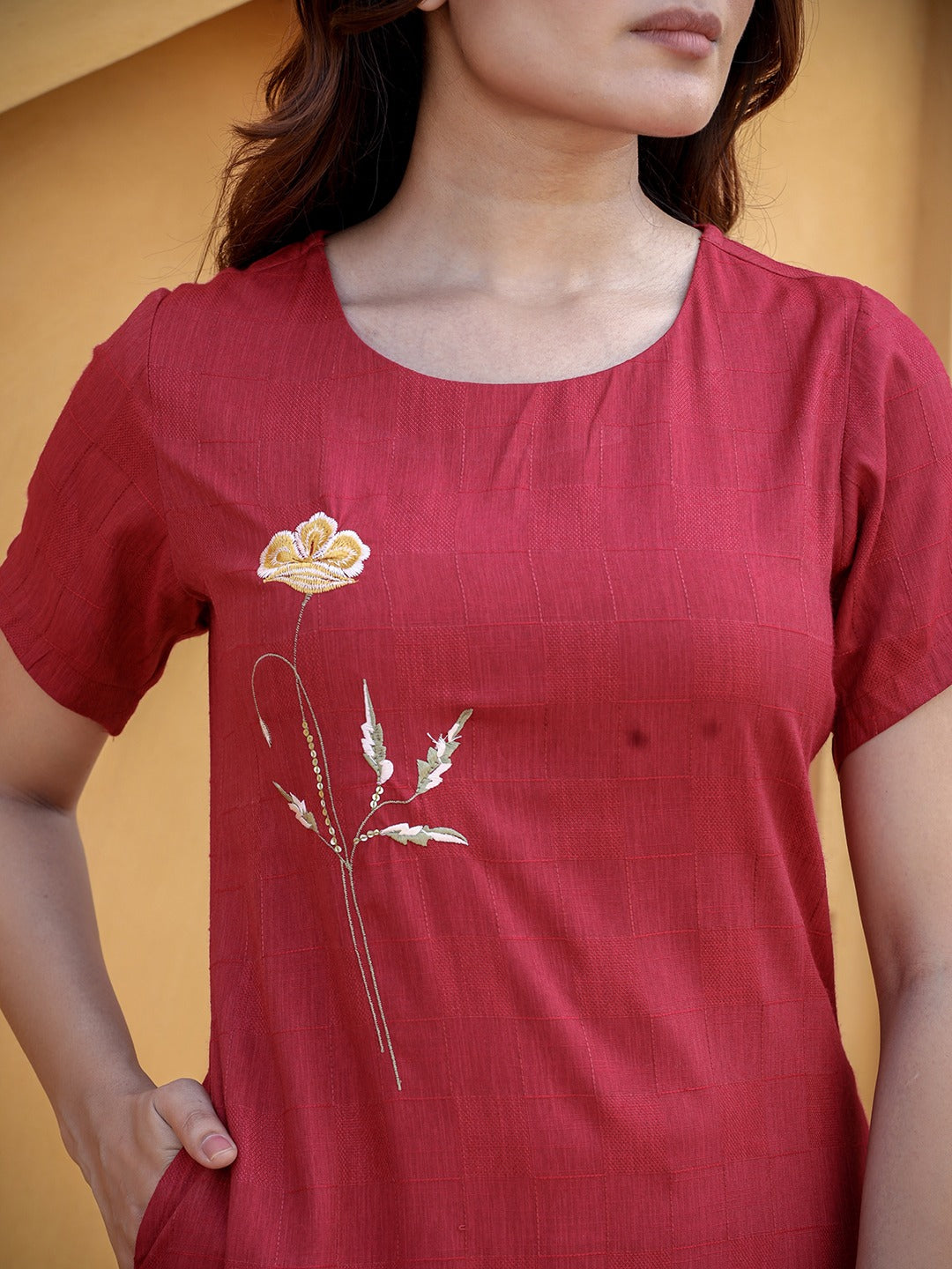 Yufta Maroon Floral Embroidered A-Line Midi Dress | Grocsy
