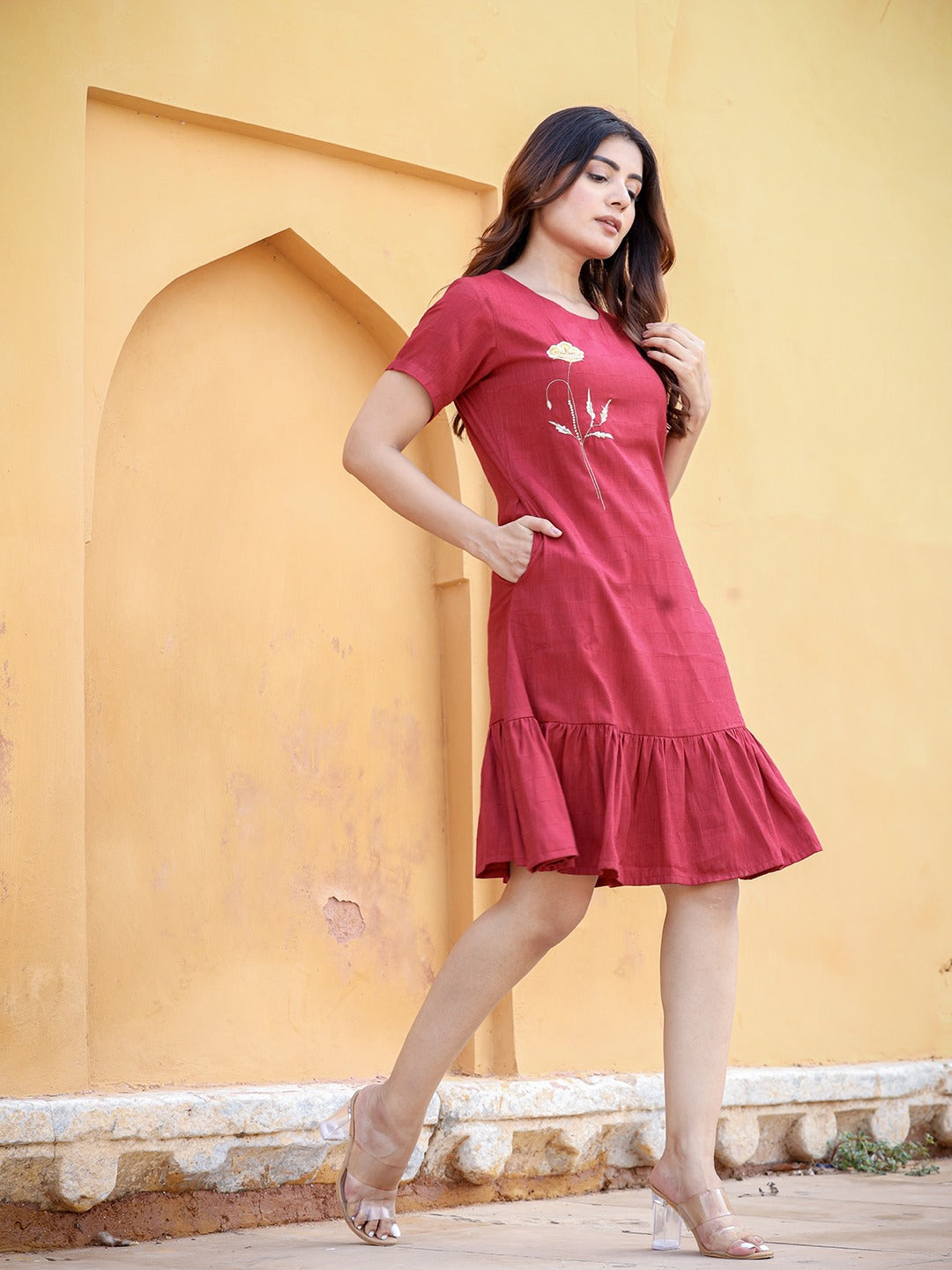 Yufta Maroon Floral Embroidered A-Line Midi Dress | Grocsy