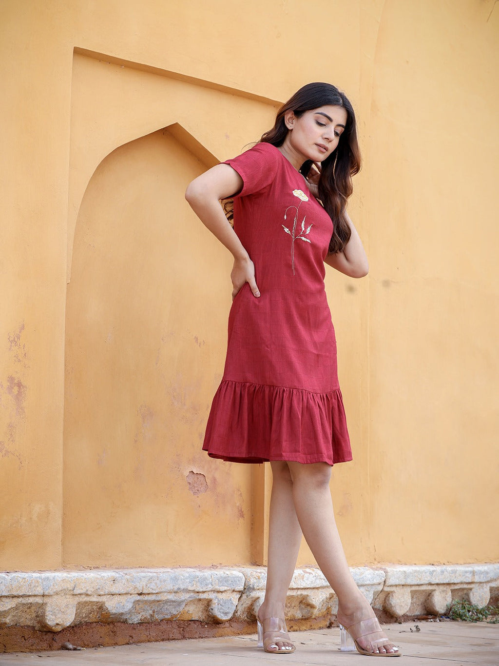 Yufta Maroon Floral Embroidered A-Line Midi Dress | Grocsy