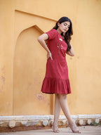 Yufta Maroon Floral Embroidered A-Line Midi Dress | Grocsy