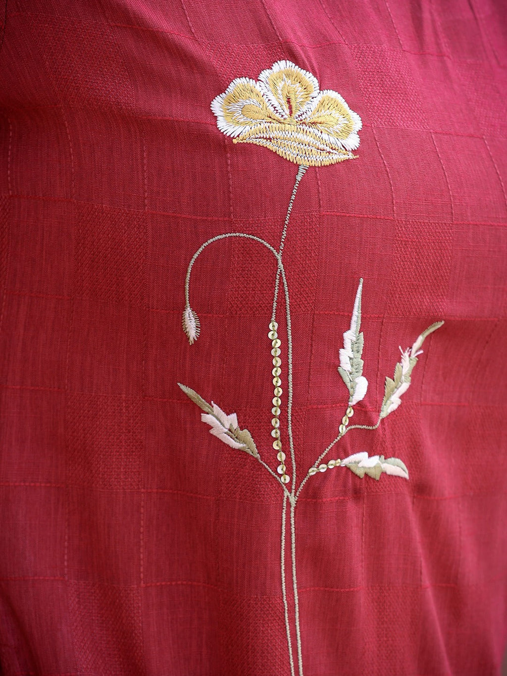 Yufta Maroon Floral Embroidered A-Line Midi Dress | Grocsy