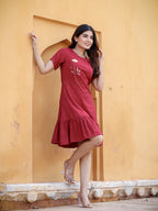 Yufta Maroon Floral Embroidered A-Line Midi Dress | Grocsy