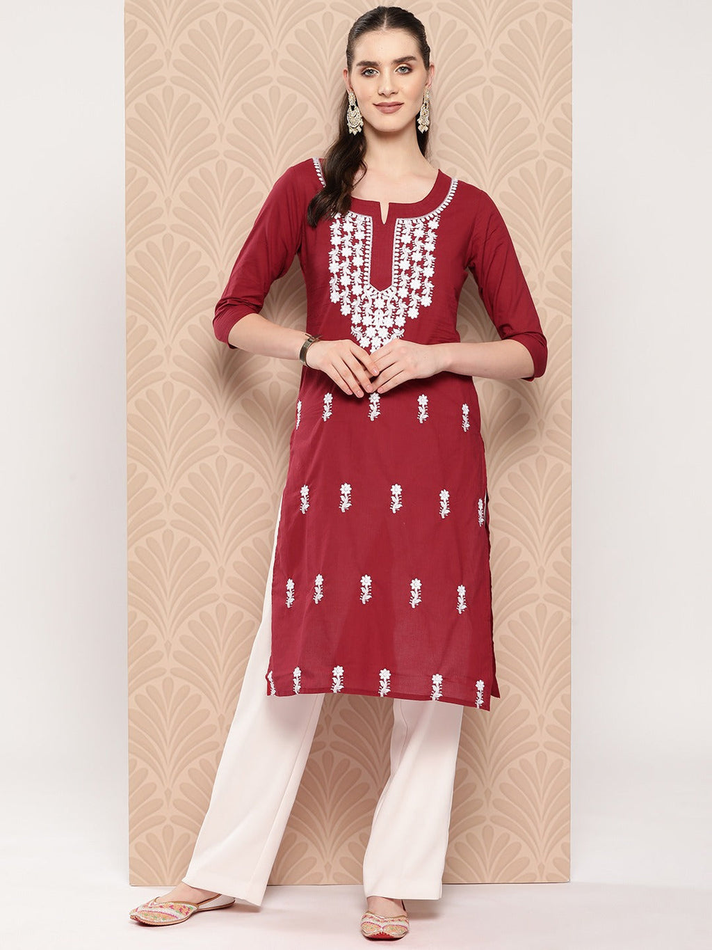 Yufta Maroon Floral Embroidered Pure Cotton Kurta | Grocsy