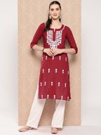 Yufta Maroon Floral Embroidered Pure Cotton Kurta | Grocsy