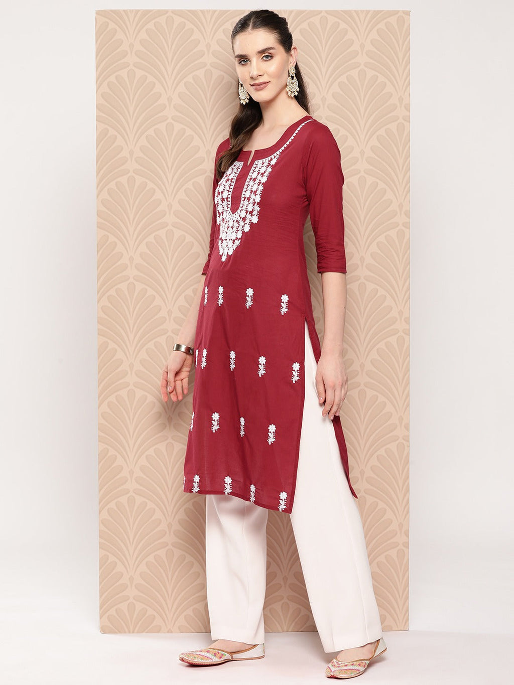 Yufta Maroon Floral Embroidered Pure Cotton Kurta | Grocsy