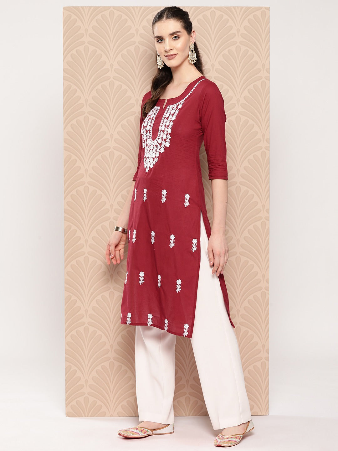 Yufta Maroon Floral Embroidered Pure Cotton Kurta | Grocsy