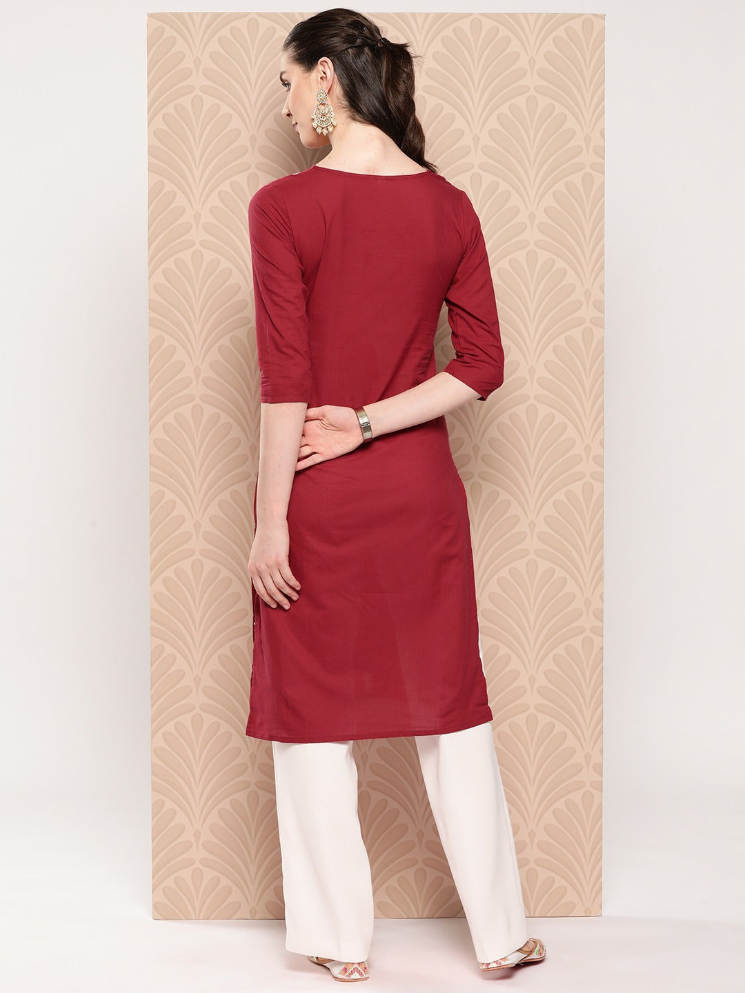 Yufta Maroon Floral Embroidered Pure Cotton Kurta | Grocsy