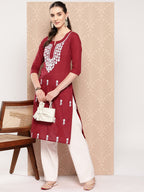Yufta Maroon Floral Embroidered Pure Cotton Kurta | Grocsy