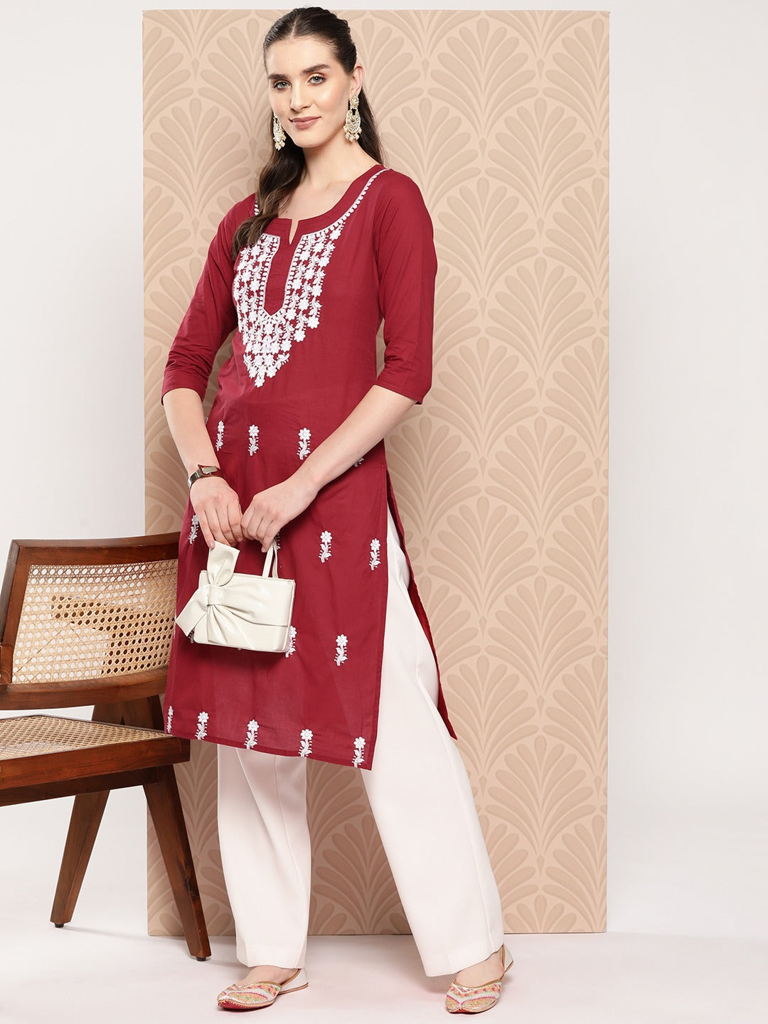 Yufta Maroon Floral Embroidered Pure Cotton Kurta | Grocsy