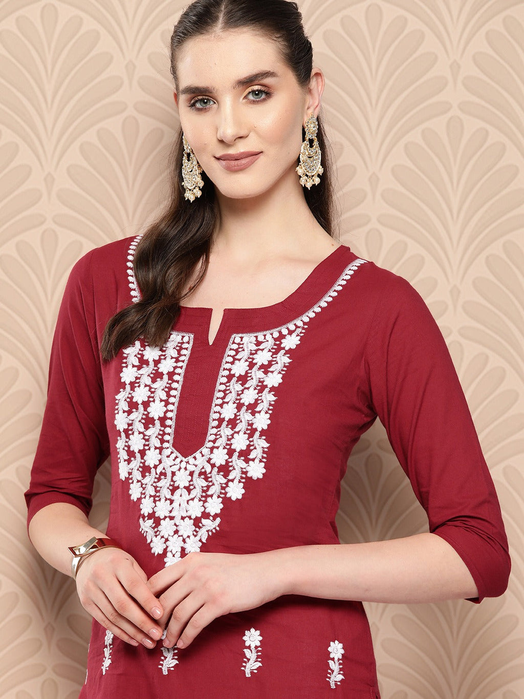 Yufta Maroon Floral Embroidered Pure Cotton Kurta | Grocsy