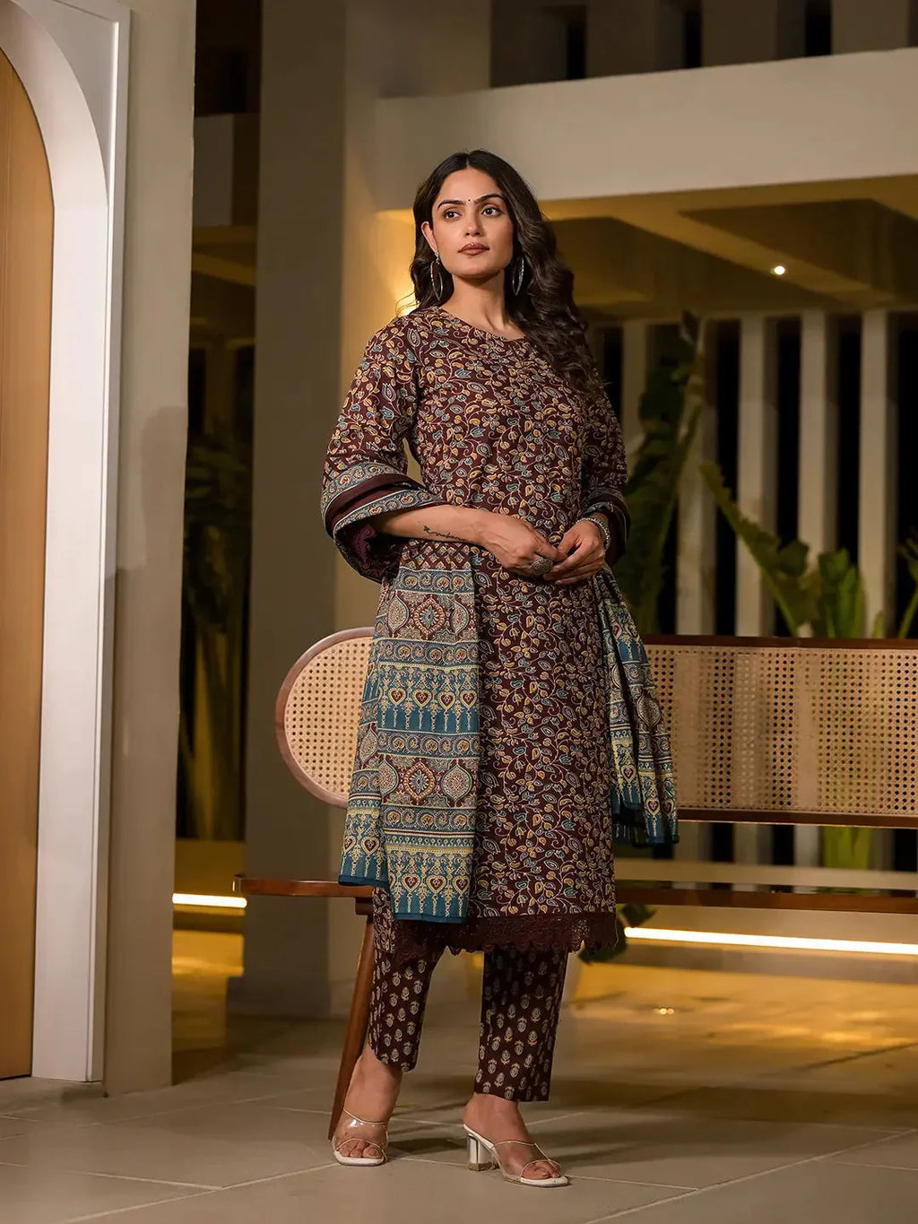 Yufta Maroon Floral Print Piping On Yoke Pakistani Style Kurta With Trousers And Dupatta Set | Grocsy