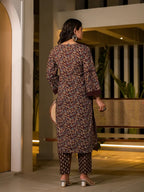 Yufta Maroon Floral Print Piping On Yoke Pakistani Style Kurta With Trousers And Dupatta Set | Grocsy