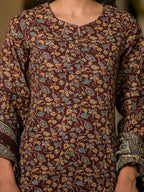 Yufta Maroon Floral Print Piping On Yoke Pakistani Style Kurta With Trousers And Dupatta Set | Grocsy