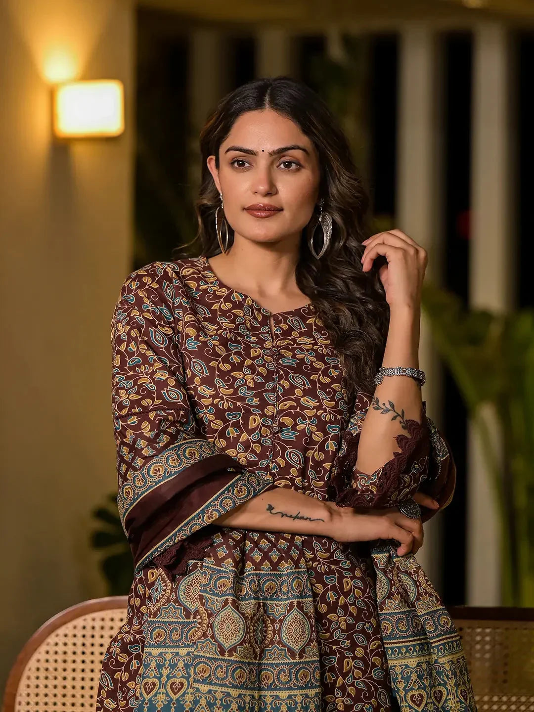 Yufta Maroon Floral Print Piping On Yoke Pakistani Style Kurta With Trousers And Dupatta Set | Grocsy
