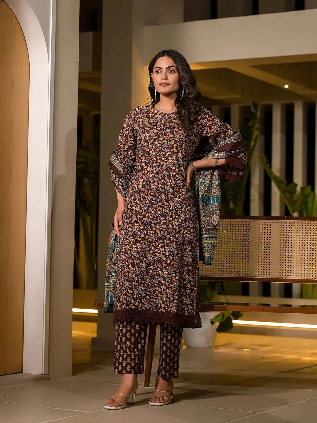 Yufta Maroon Floral Print Piping On Yoke Pakistani Style Kurta With Trousers And Dupatta Set | Grocsy