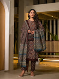 Yufta Maroon Floral Print Piping On Yoke Pakistani Style Kurta With Trousers And Dupatta Set | Grocsy