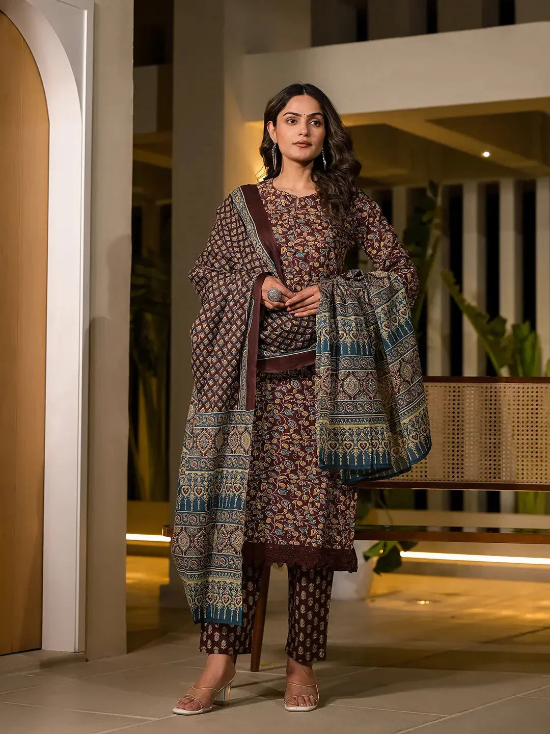 Yufta Maroon Floral Print Piping On Yoke Pakistani Style Kurta With Trousers And Dupatta Set | Grocsy